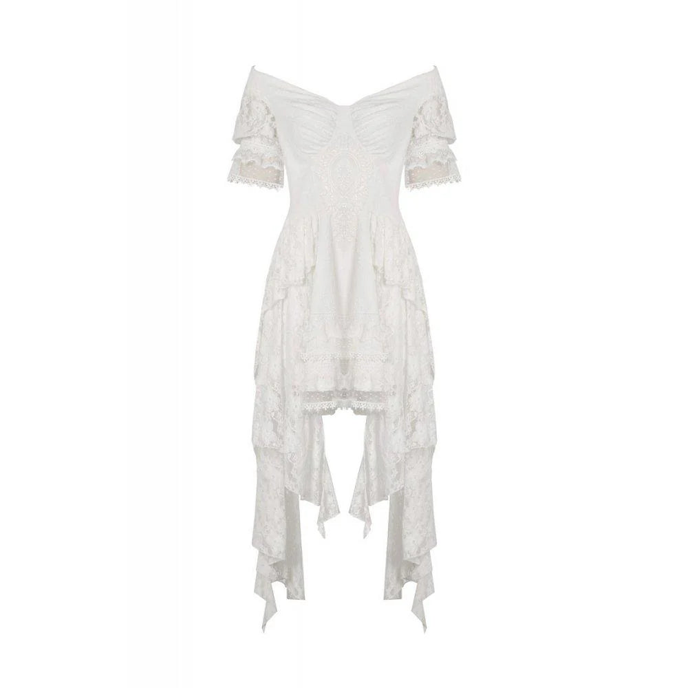 Weißes Gothic Lace Dress – Verführerisches Off-Shoulder Kleid mit dramatischem Schleppeffekt