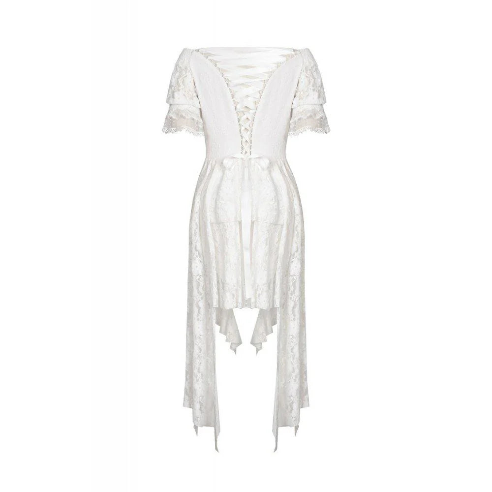 Weißes Gothic Lace Dress – Verführerisches Off-Shoulder Kleid mit dramatischem Schleppeffekt