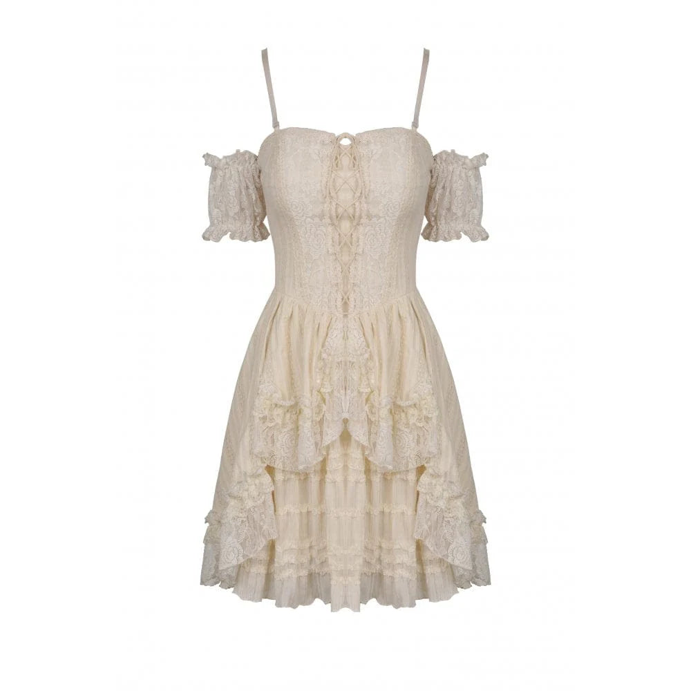 Dark in Love – Off-Shoulder Steampunk Rüschenkleid in Creme aus Spitze & Tüll