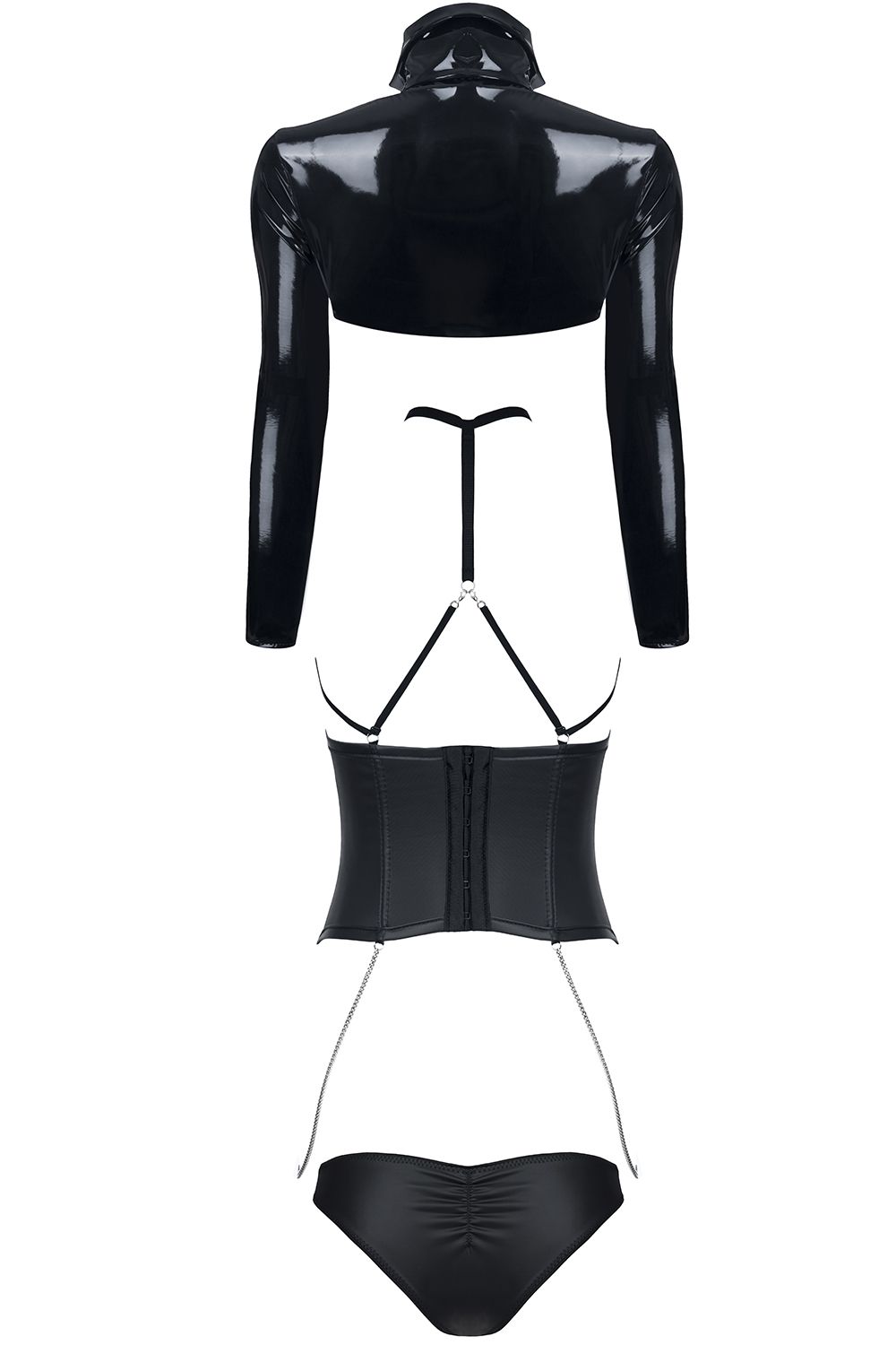 Der weiche, elastische Wetlook-Panty schmiegt sich perfekt an und vervollständigt das erotische Ensemble.