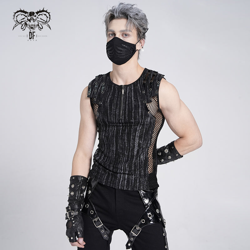 Ärmelloses Devil Fashion Herren Top mit grau-schwarzem Streifenmuster und Sarg-Zipper.
