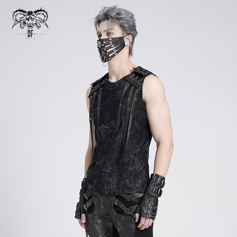 Ärmelloses Devil Fashion Dystopie Top mit akzentuierten Schultern und Riemen.