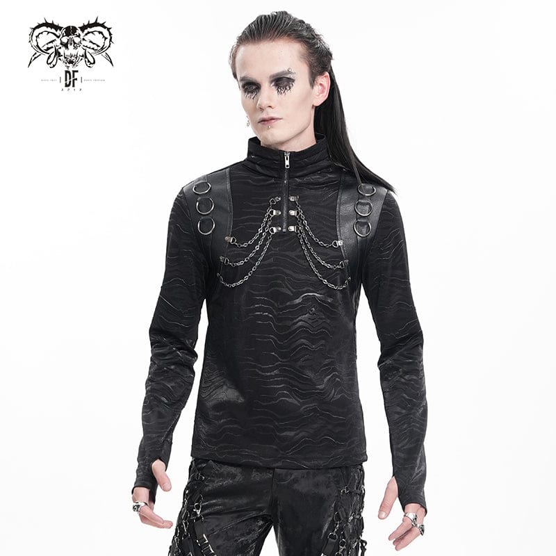 Devil Fashion Herren-Gothic-Sweatshirt mit Stehkragen, Ketten und Ringen – Dunkle, stilvolle Mode für ein einzigartiges Gothic-Statement