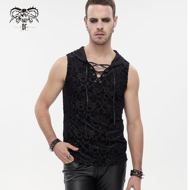 Devil Fashion Herren-Gothic-Tanktop mit Kapuze, Riemen und floralem Print – Stilvolle, düstere Mode mit einzigartigem Design