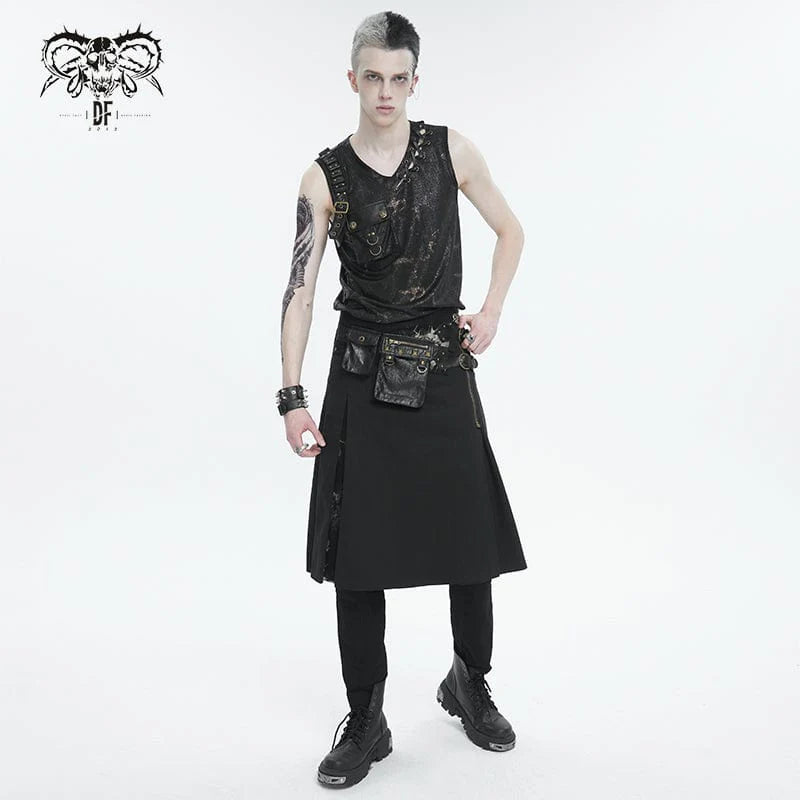 Schwarzer Gothic-Kilt für Herren mit Batik-Effekt, Splice-Design und abnehmbarer Bauchtasche von Devil Fashion, Frontansicht