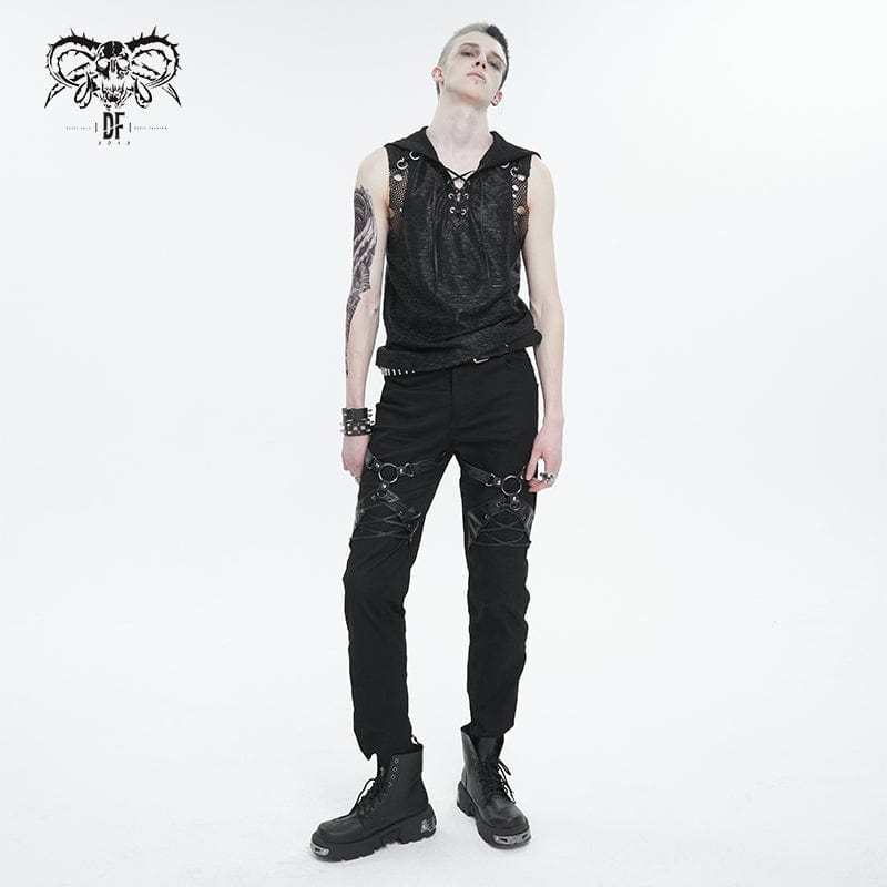 Schwarze Punk-Hose für Herren mit Schnallen, Ziernähten und Materialmix von Devil Fashion, Frontansicht
