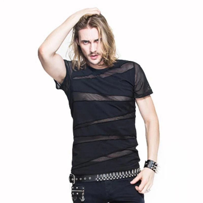 Devil Fashion Herren-Punk-T-Shirt mit kurzen Ärmeln, Mesh-Bändern und rebellischem Design – Stilvolle Gothic-Mode mit einzigartigem Look