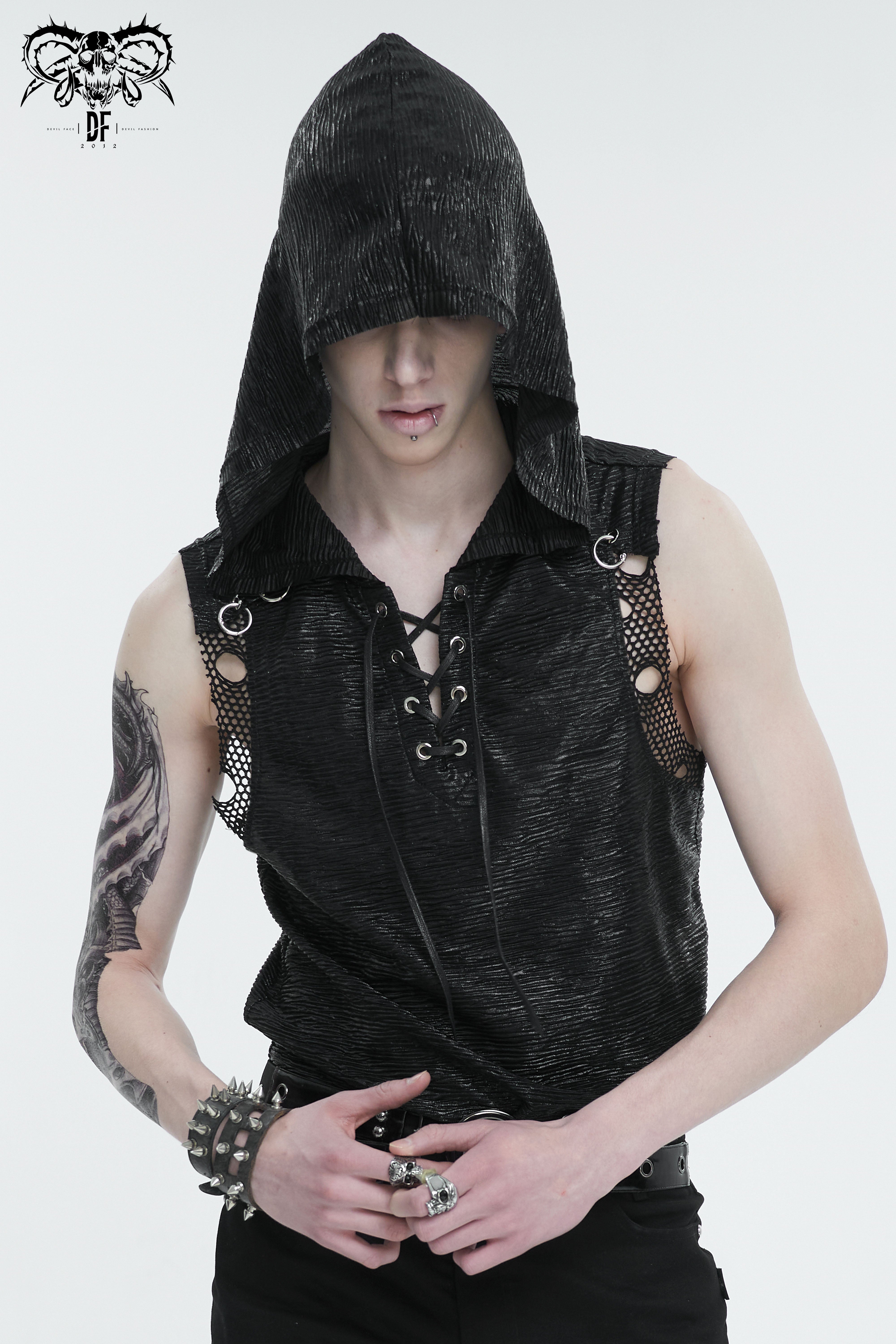 Schwarzes Devil Fashion Herren Tanktop Ridley mit Kapuze und Schnürung.