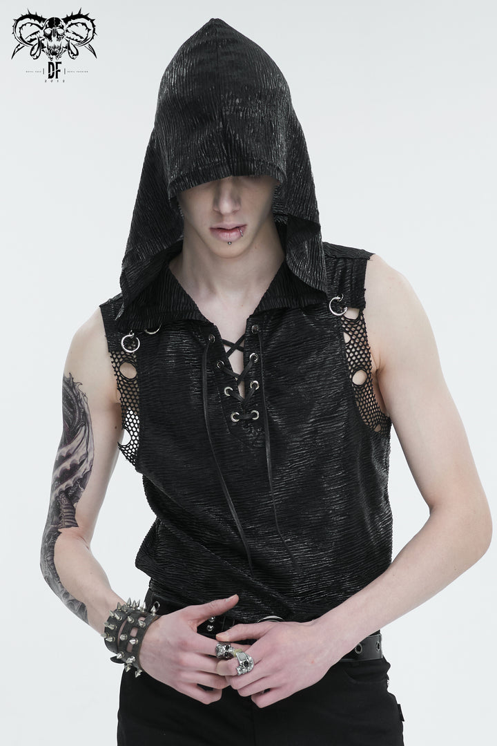 Schwarzes Devil Fashion Herren Tanktop Ridley mit Kapuze und Schnürung.