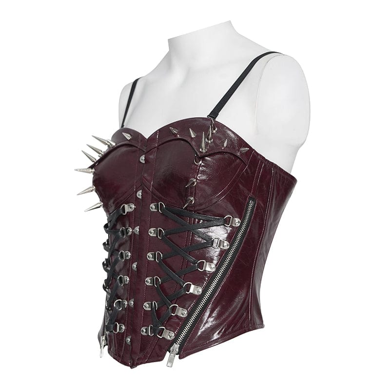 Devil Fashion Damen Punk-Korsett Bordeaux mit Nieten & Schnürung