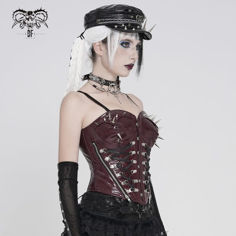 Devil Fashion Damen Punk-Korsett Bordeaux mit Nieten & Schnürung