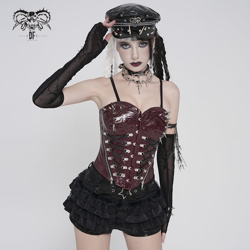 Devil Fashion Damen Punk-Korsett Bordeaux mit Nieten & Schnürung