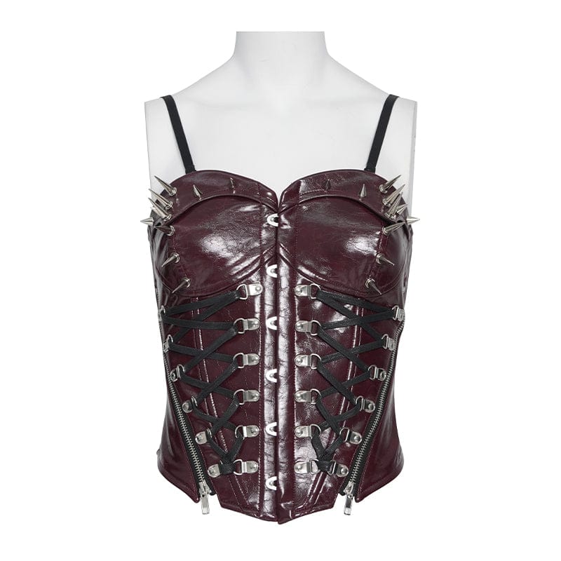 Devil Fashion Damen Punk-Korsett Bordeaux mit Nieten & Schnürung