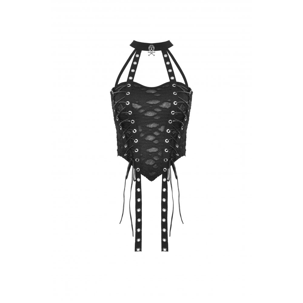 Schwarzes Neckholder-Top „But not tonight“ mit zerschlissenen Details, Cut-Outs und verstellbarer Frontschnürung – sinnlicher Grunge-Style mit Punk-Attitüde von mySecretKey