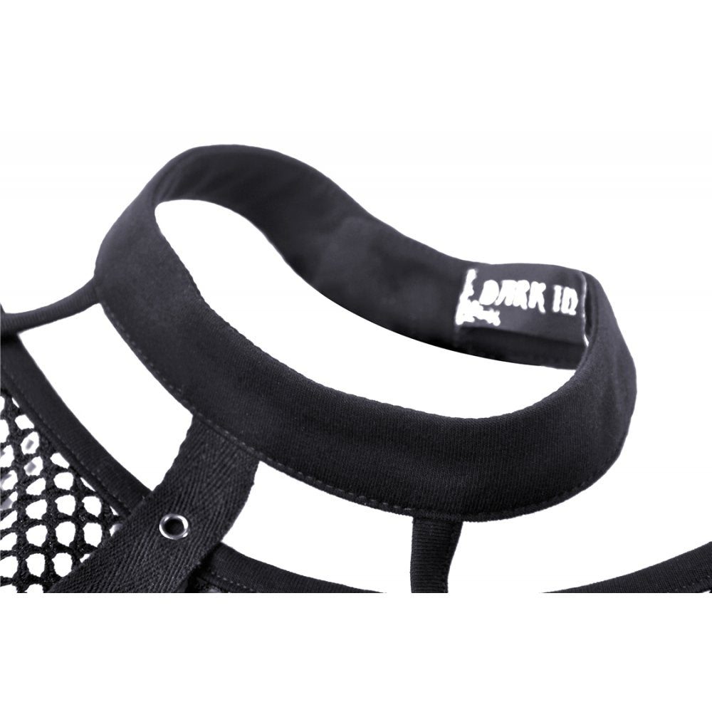 Schwarzes Crop Top „Waiting for the Night“ mit Netz-Einsätzen,  Schnalle und Bändern – verführerischer, rebellischer Look für Club und Alltag | mySecretKey