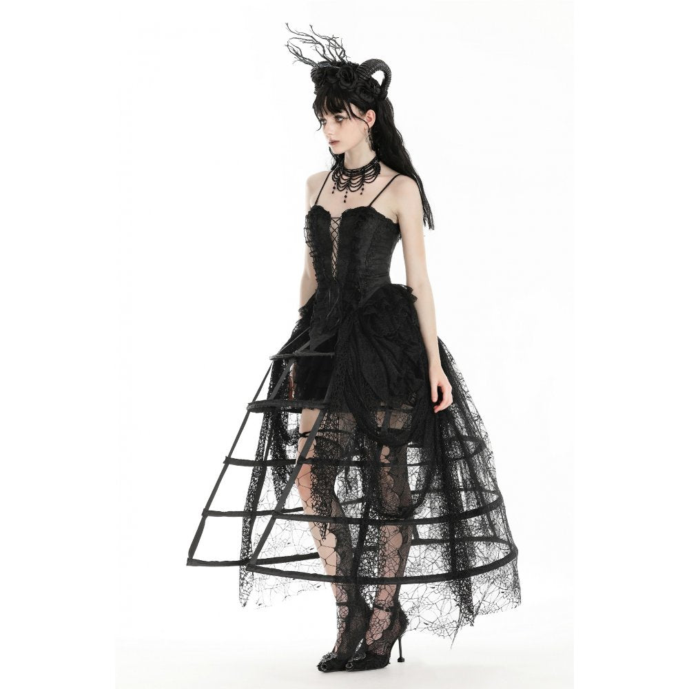 Langer Reifrock mit gerafftem Tüll und Spinnenweben-Optik – dramatisches Partyoutfit mit Gothic-Note, perfekt für Clubnächte, Halloween und extravagante Auftritte.