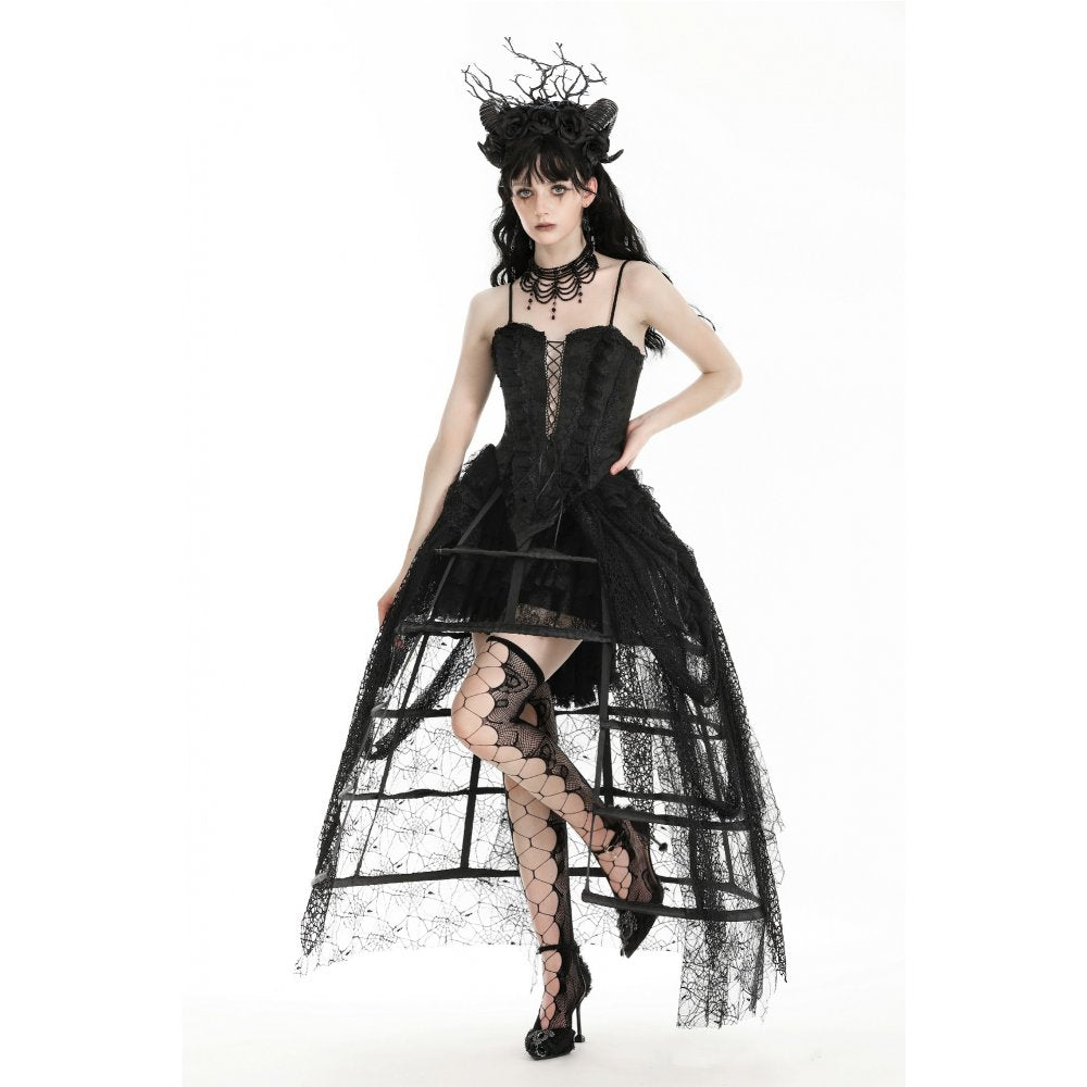 Langer Reifrock mit gerafftem Tüll und Spinnenweben-Optik – dramatisches Partyoutfit mit Gothic-Note, perfekt für Clubnächte, Halloween und extravagante Auftritte.