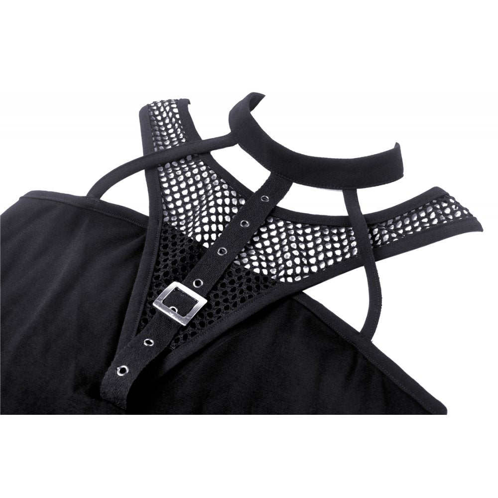 Schwarzes Crop Top „Waiting for the Night“ mit Netz-Einsätzen,  Schnalle und Bändern – verführerischer, rebellischer Look für Club und Alltag | mySecretKey