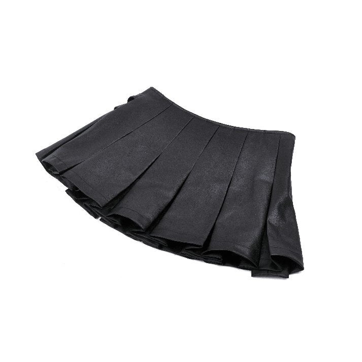 Rebel Pleats – Schwarzer Minirock aus Kunstleder mit Schnallen