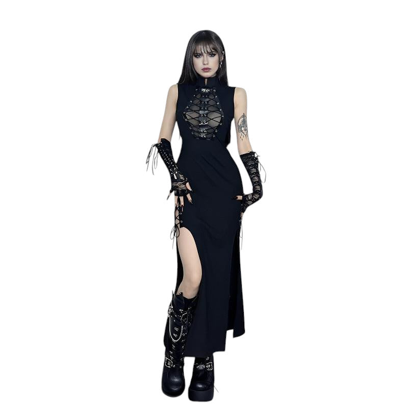Damen-Gothic-Maxikleid mit Cut-Outs, seitlichem Schlitz und Mesh – Elegantes, düsteres Design für einen dramatischen Look