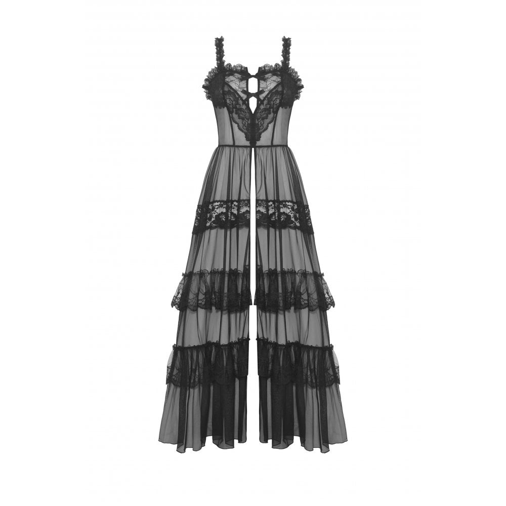 Gothic Sexy Maxi Dress aus transparentem Mesh mit Herz-Detail und Lagen aus Spitze – sinnliches Party- und Cluboutfit mit romantisch-düsterer Gothic-Note.