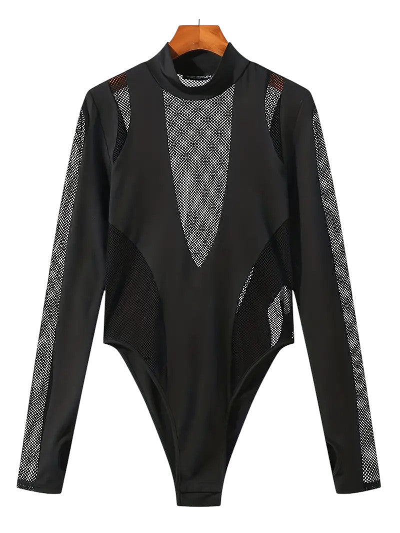 Schwarzer Mesh Body mit Cut-Outs und langen Ärmeln – Unisex Clubwear SecretKey