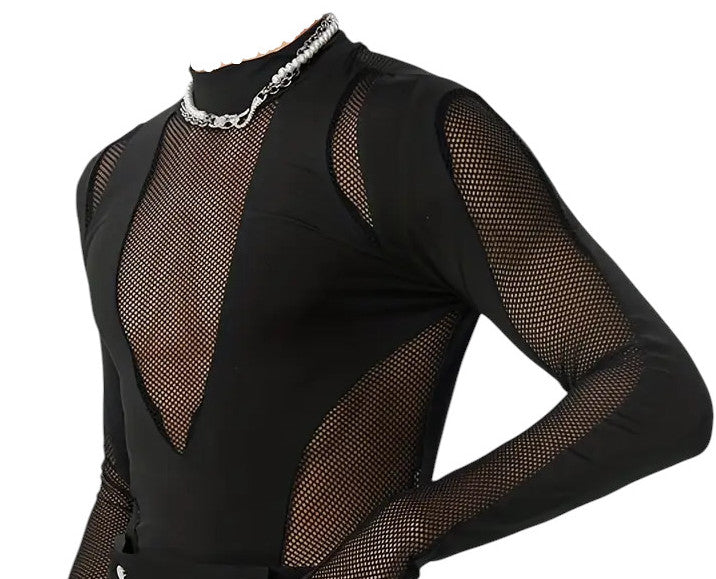 Schwarzer Body mit Netz-Einsätzen und Cut-Out Design – Kinky Fashion für Club & Party