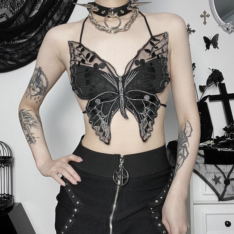 Detailansicht des verstellbaren Neckholder-Kragens und des tiefen V-Ausschnitts am Schmetterlings-Bustier.