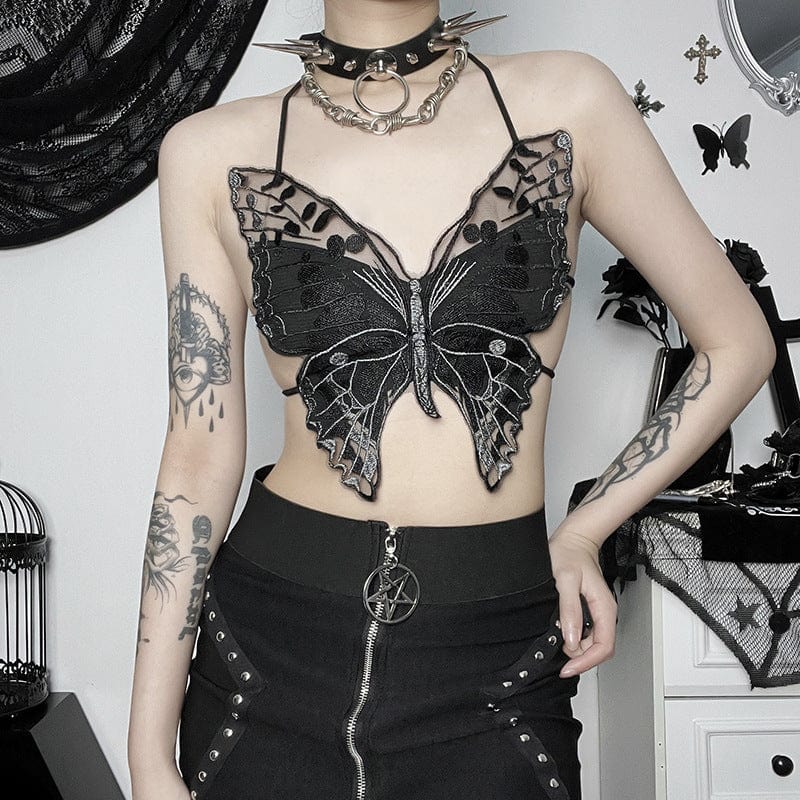 Bauchfreies schwarzes Gothic-Top in Schmetterlingsform mit Stickereien und filigraner Spitze.