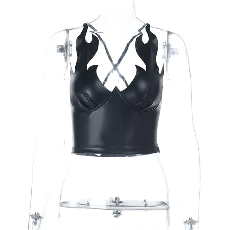 Kobine Gothic PU-Leder Crop Top – "Into the Fire" Flammen