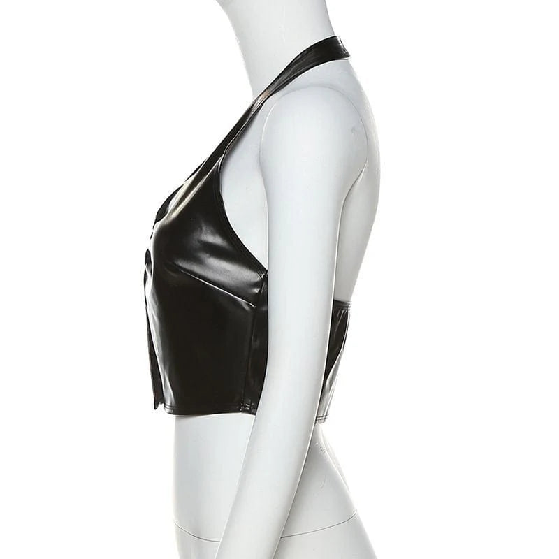 Emily Halter Neck Faux Leather Top – Bauchfreies Kunstleder-Bustier mit Metallring