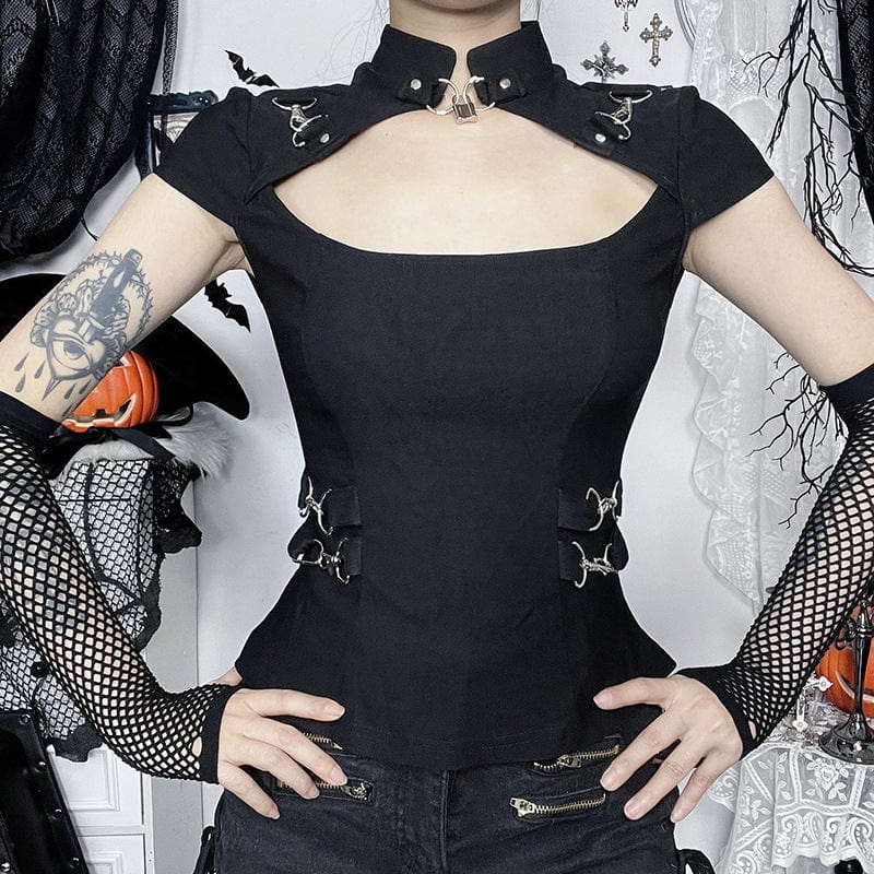 Punk-Shirt mit Cut-outs, kurzen Ärmeln & Netz-Handschuhen