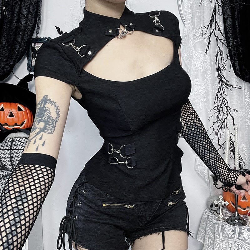 Punk shirt with cut-outs, short sleeves &amp; fishnet gloves