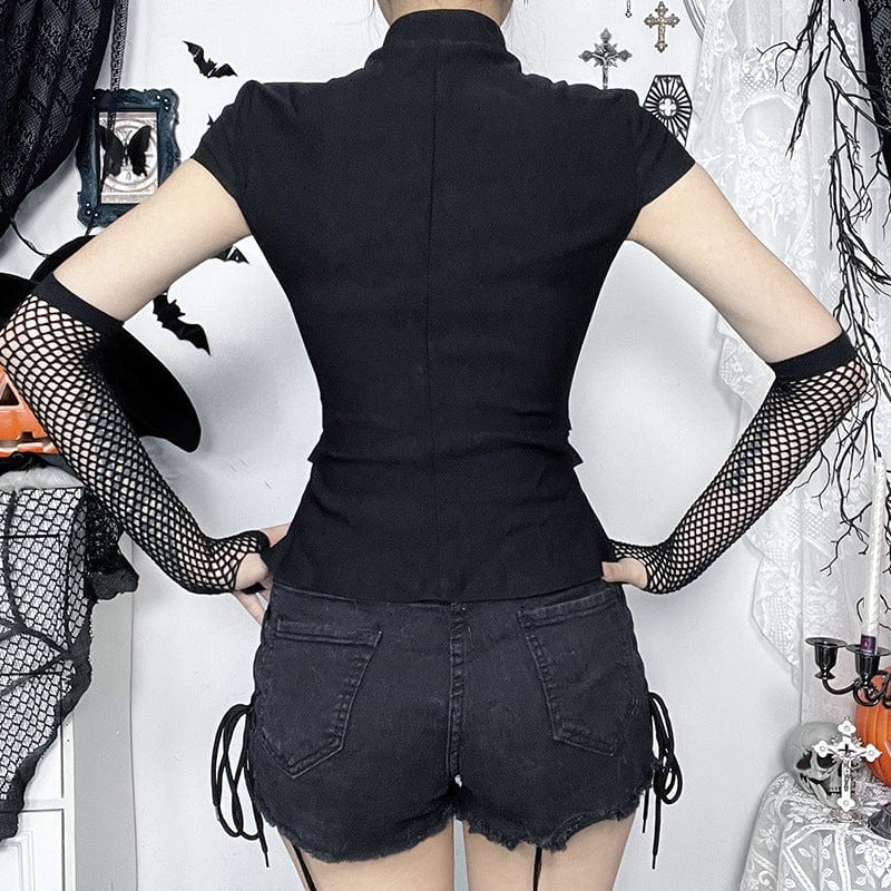 Punk shirt with cut-outs, short sleeves &amp; fishnet gloves