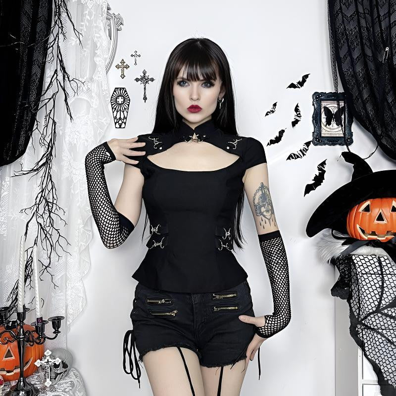 Punk shirt with cut-outs, short sleeves &amp; fishnet gloves