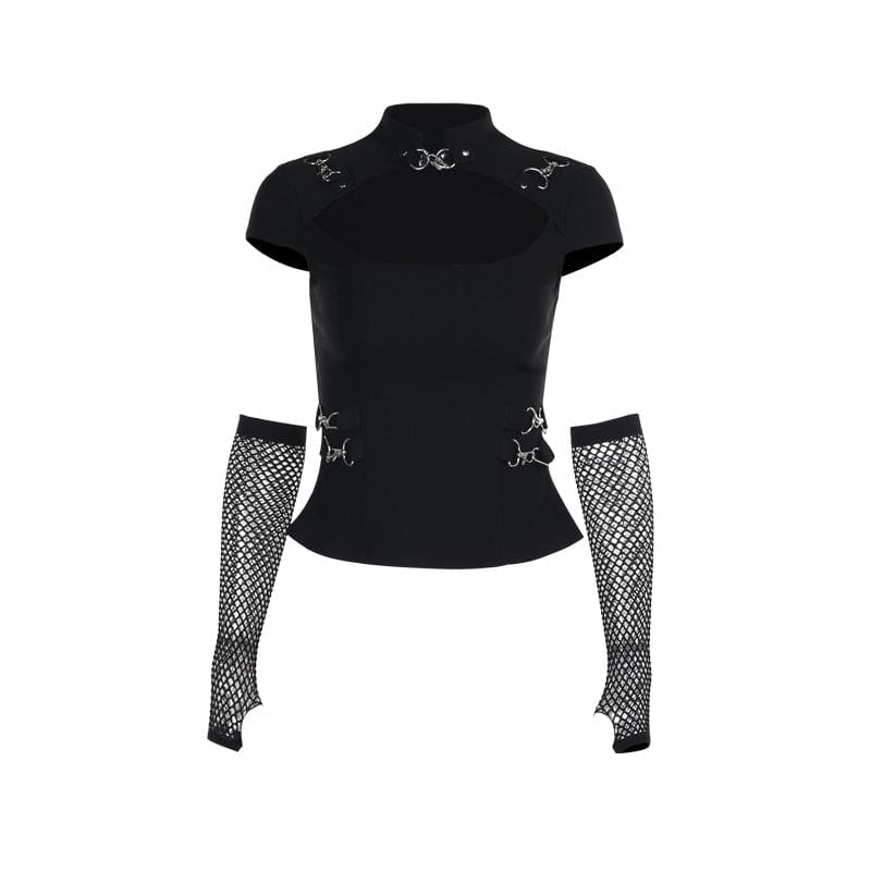 Punk shirt with cut-outs, short sleeves &amp; fishnet gloves