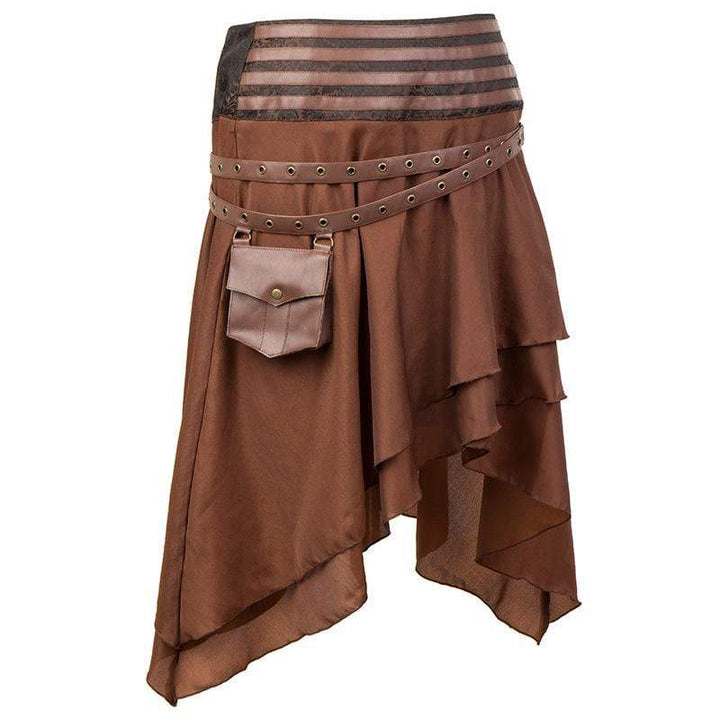 Asymmetrischer brauner Steampunk-Rock für Damen mit Lagen, Riemen und seitlicher Tasche
