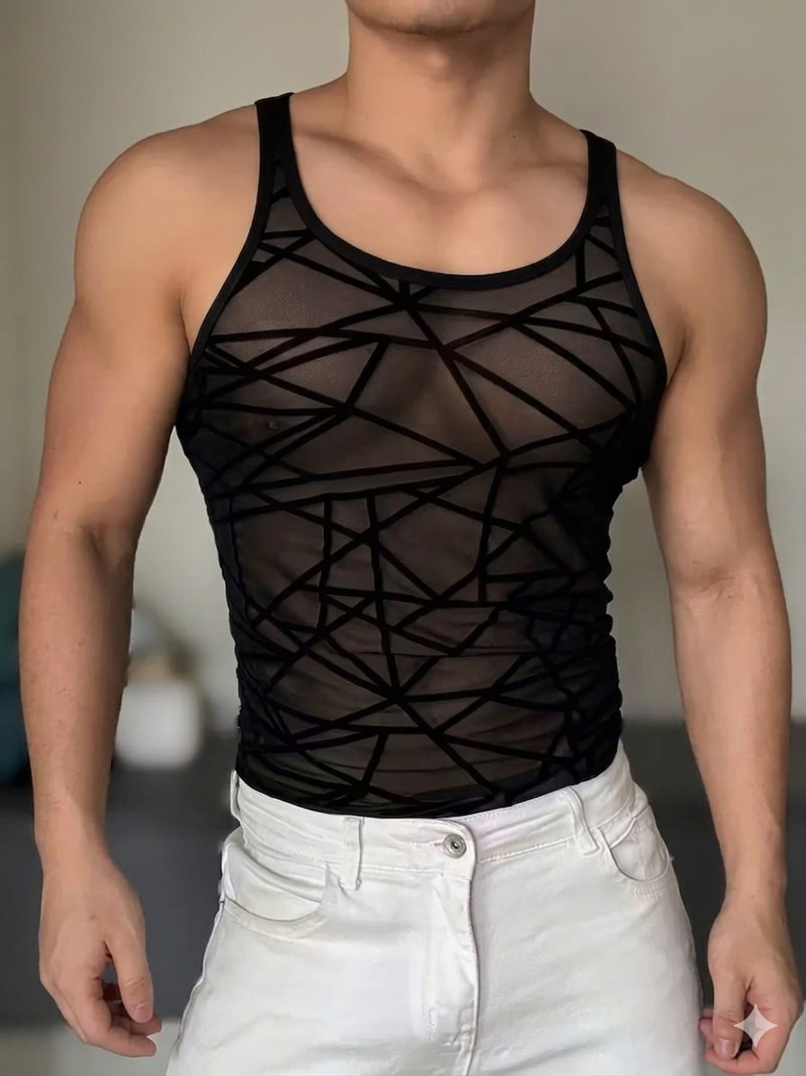 Körperbetontes schwarzes Mesh-Tanktop von Guangzhou Hongkai mit geometrischem Muster in der Vorderansicht.