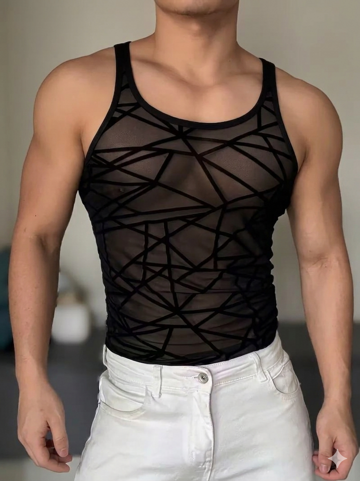 Körperbetontes schwarzes Mesh-Tanktop von Guangzhou Hongkai mit geometrischem Muster in der Vorderansicht.
