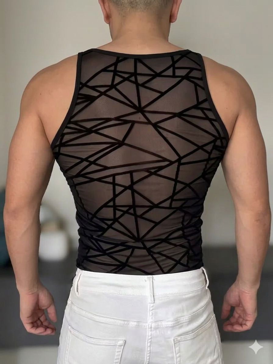 Rückansicht des transparenten Tanktops mit abstraktem Linien-Design.