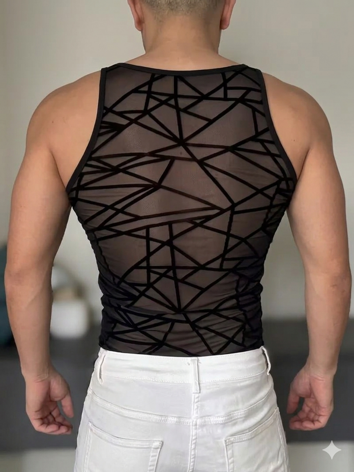 Rückansicht des transparenten Tanktops mit abstraktem Linien-Design.