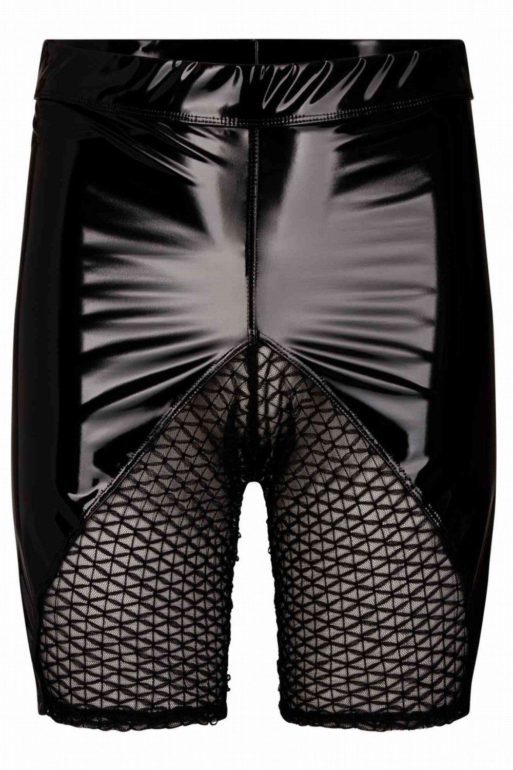 Nahaufnahme des transparenten Netzmaterials im Schrittbereich der Patrice Catanzaro Leif Biker-Shorts, das die Haut erotisch durchscheinen läss