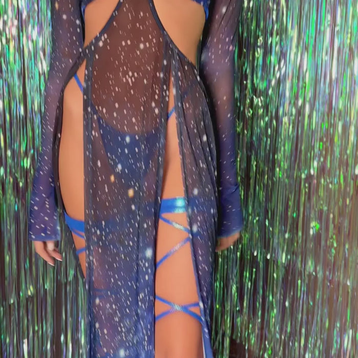 Badinka blaues Sternenhimmel Festival Kleid, kombinierbares Set mit langen Ärmeln und Body
