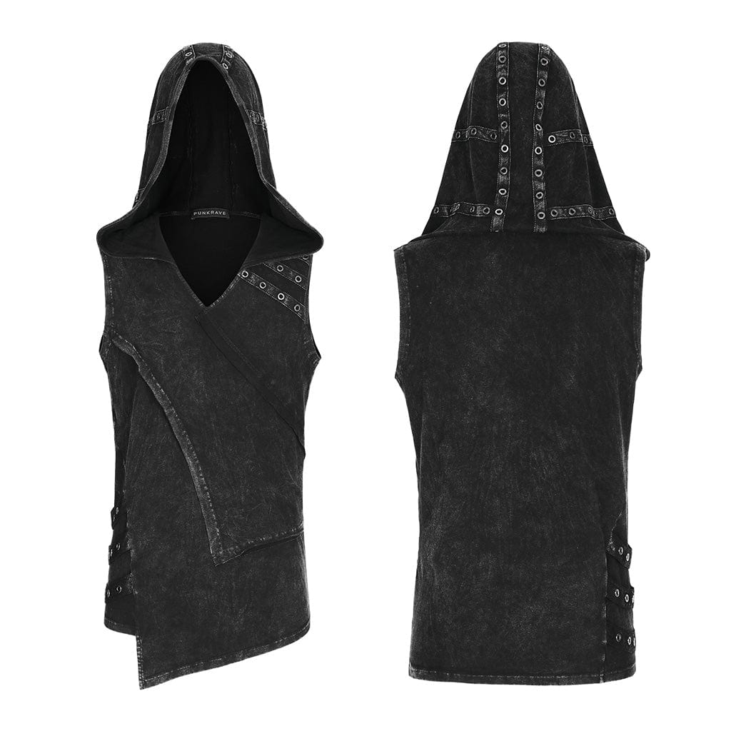Punk Rave Herren Tank Top mit Kapuze – Distressed Look, asymmetrisch, schwarz.