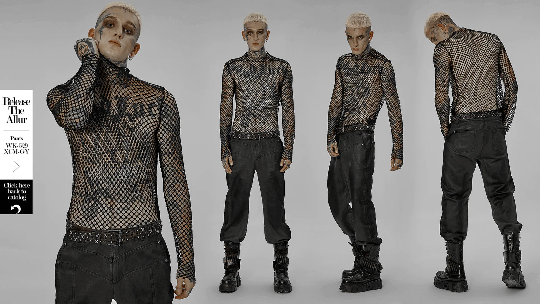 Ganzkörperansicht des stylischen Gothic-Punk Mesh-Tops für Herren.