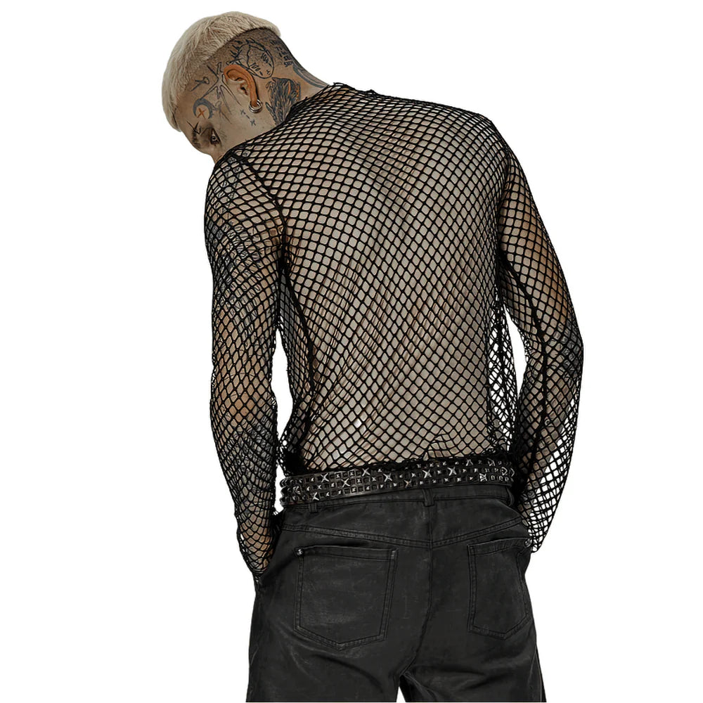 Rückansicht des PUNK RAVE Herren Netz-Longsleeves zur Verdeutlichung der Passform.