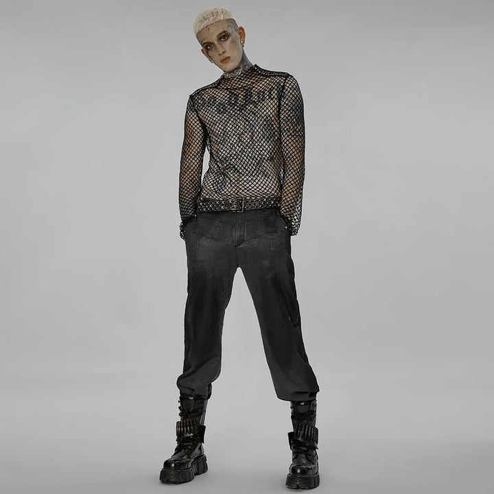 Maskulines PUNK RAVE Netz-Shirt WT756 in Schwarz mit langen Ärmeln und hohem Kragen.