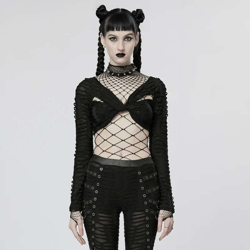 Schwarzes Punk Rave Langarm Crop Top Twister Frontalansicht
