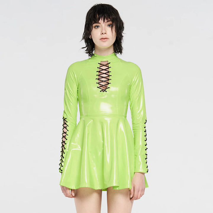 Neon-grünes Punk Rave Skater-Kleid mit schwarzer Schnürung Frontalansicht