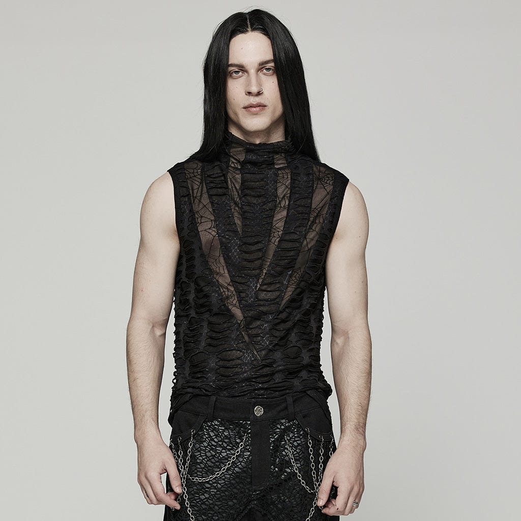 Punk Rave Herren-Gothic-Tanktop mit Spinnennetz-Mesh und zerrissenem Design – Stilvolle Punk-Mode mit düsterem Flair